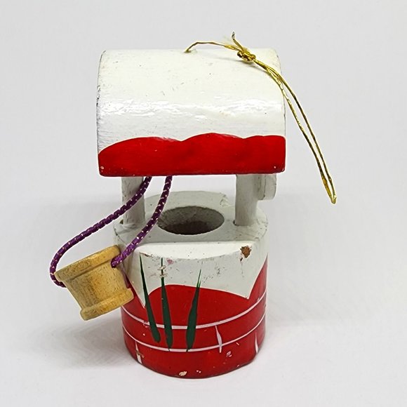 Christmas Vintage Red White Wishing Well Bucket Wood Holiday Ornament - Picture 1 of 9
